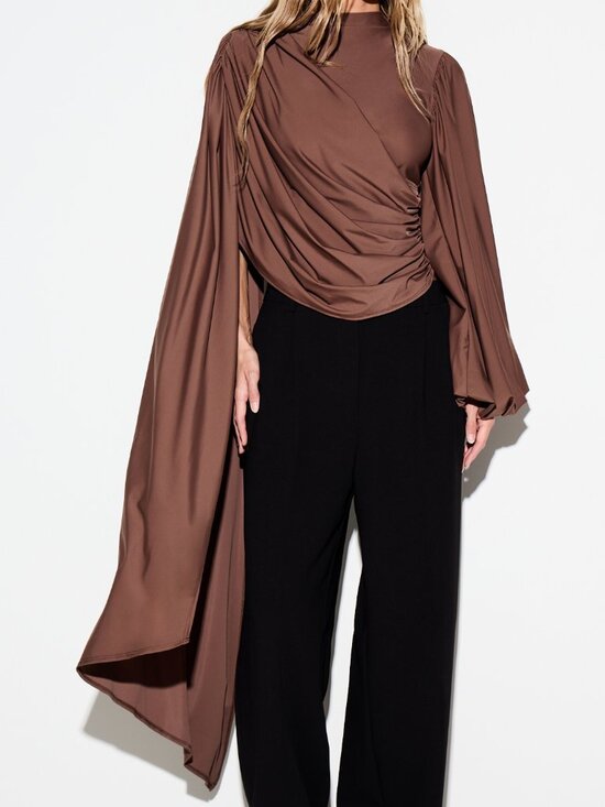 Tops - Brown Elegant Women's Draped High Neck Slim Fit Long Asymmetrical Blouse
